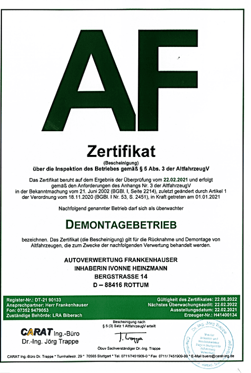 Zertifizierter Altfahrzeug Demontagebetrieb